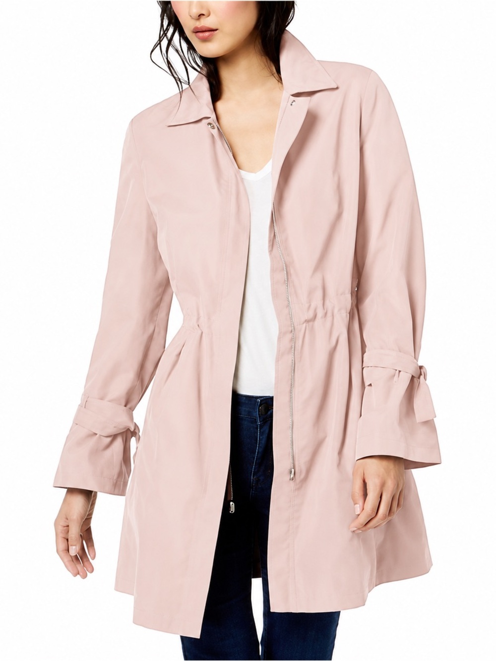 NWOT Macys MAISON JULES Womens Tie Sleeve Trench Coat in blush pink. Size Small